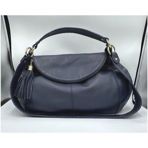 Onna Ehrlich Rachel Navy Blue Pebbled Leather Fold-Over Bag Tassel ASO Cam Diaz